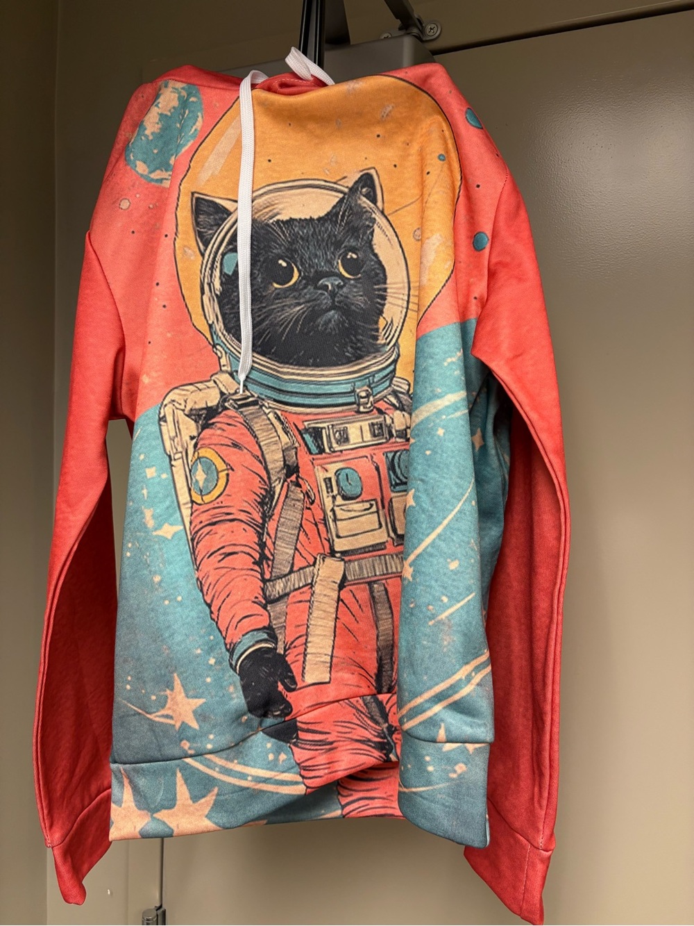 Space Cat Graphic Hoodie - Coral & Teal size Small